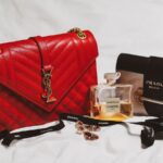 red and black leather handbag